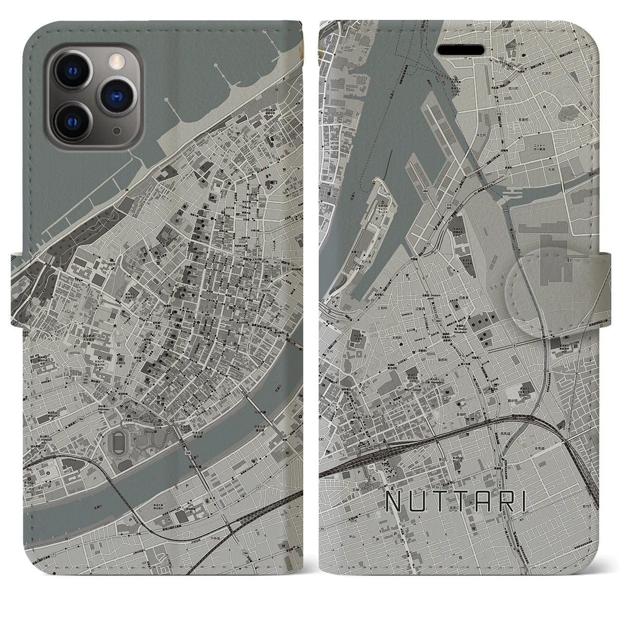 【沼垂(新潟県)】地図柄iPhoneケース(手帳タイプ)モノトーン・iPhone 11 Pro Max 用