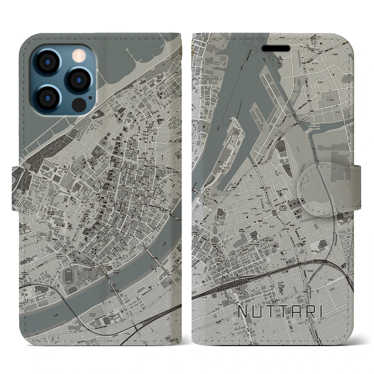 【沼垂(新潟県)】地図柄iPhoneケース(手帳タイプ)モノトーン・iPhone 12 / 12 Pro 用