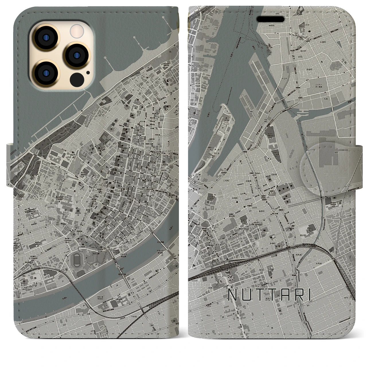 【沼垂(新潟県)】地図柄iPhoneケース(手帳タイプ)モノトーン・iPhone 12 Pro Max 用