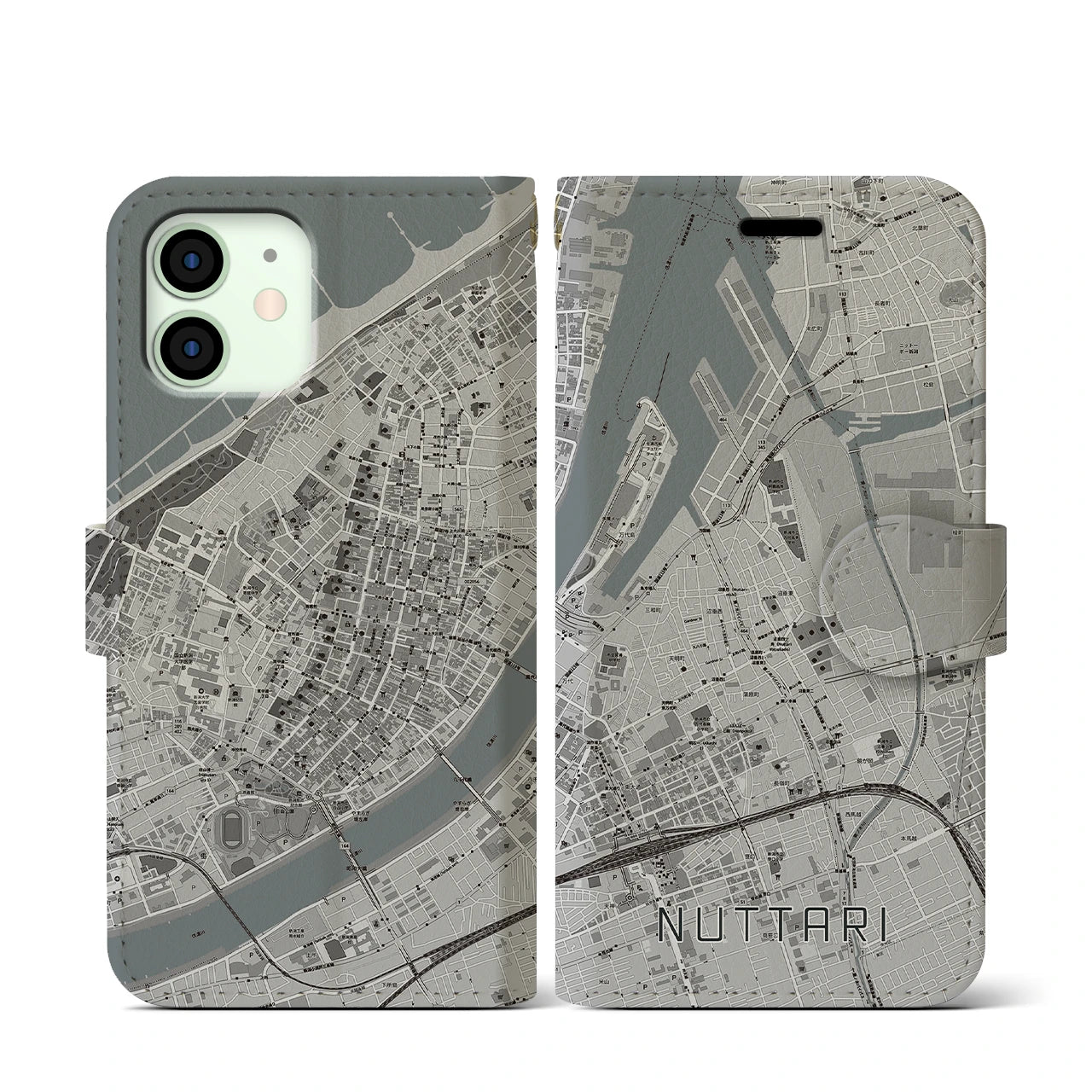 【沼垂(新潟県)】地図柄iPhoneケース(手帳タイプ)モノトーン・iPhone 12 mini 用