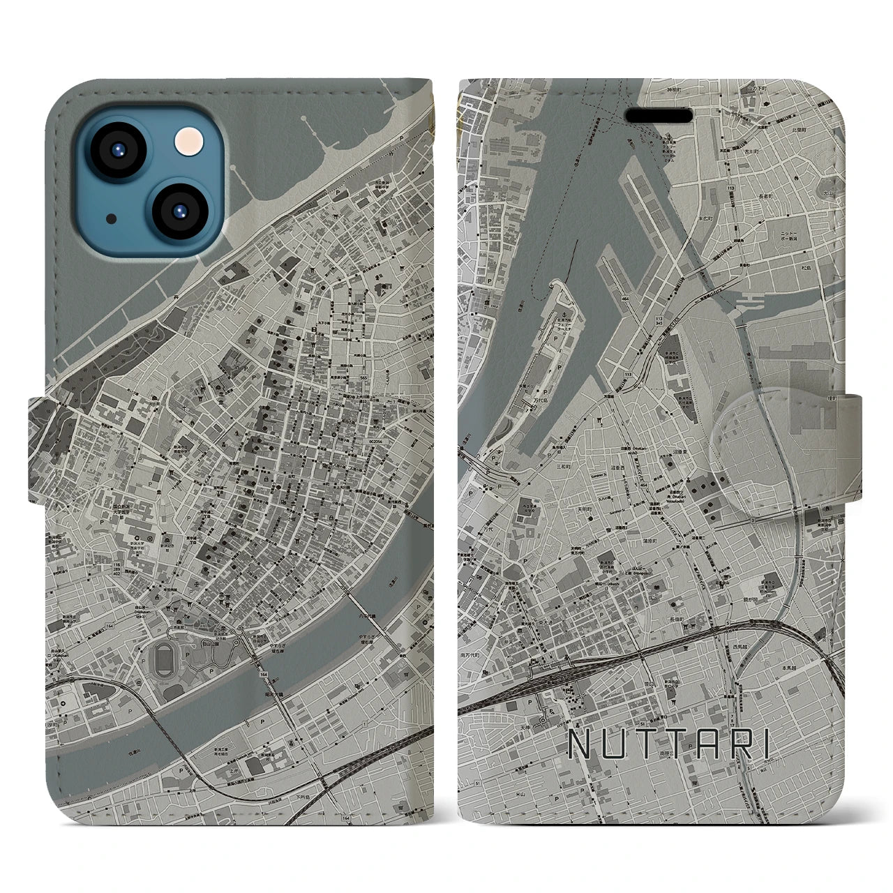【沼垂(新潟県)】地図柄iPhoneケース(手帳タイプ)モノトーン・iPhone 13 用