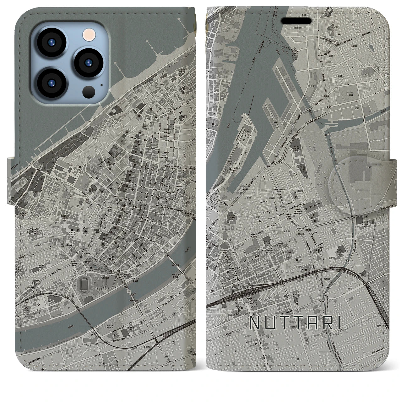 【沼垂(新潟県)】地図柄iPhoneケース(手帳タイプ)モノトーン・iPhone 13 Pro Max 用