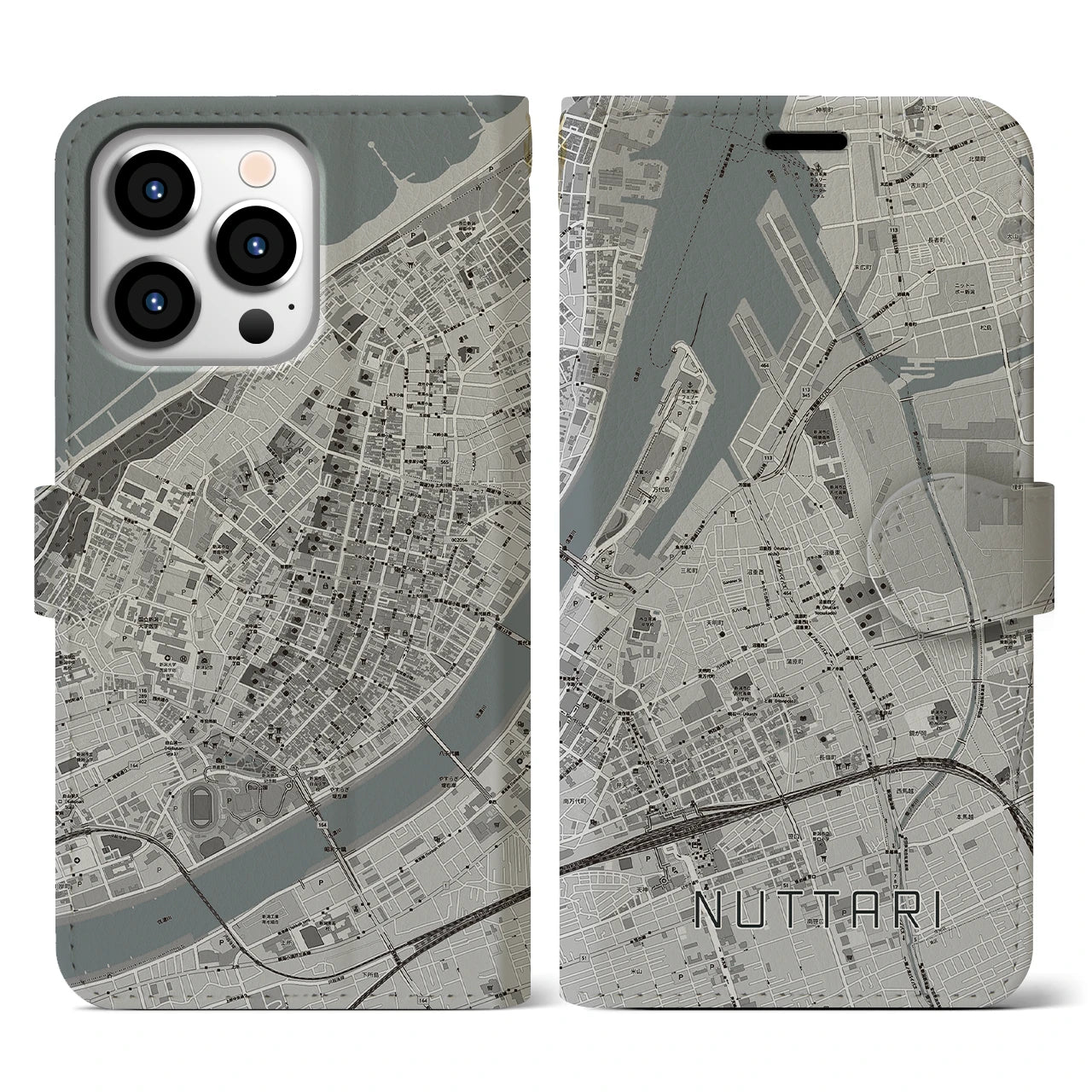 【沼垂(新潟県)】地図柄iPhoneケース(手帳タイプ)モノトーン・iPhone 13 Pro 用