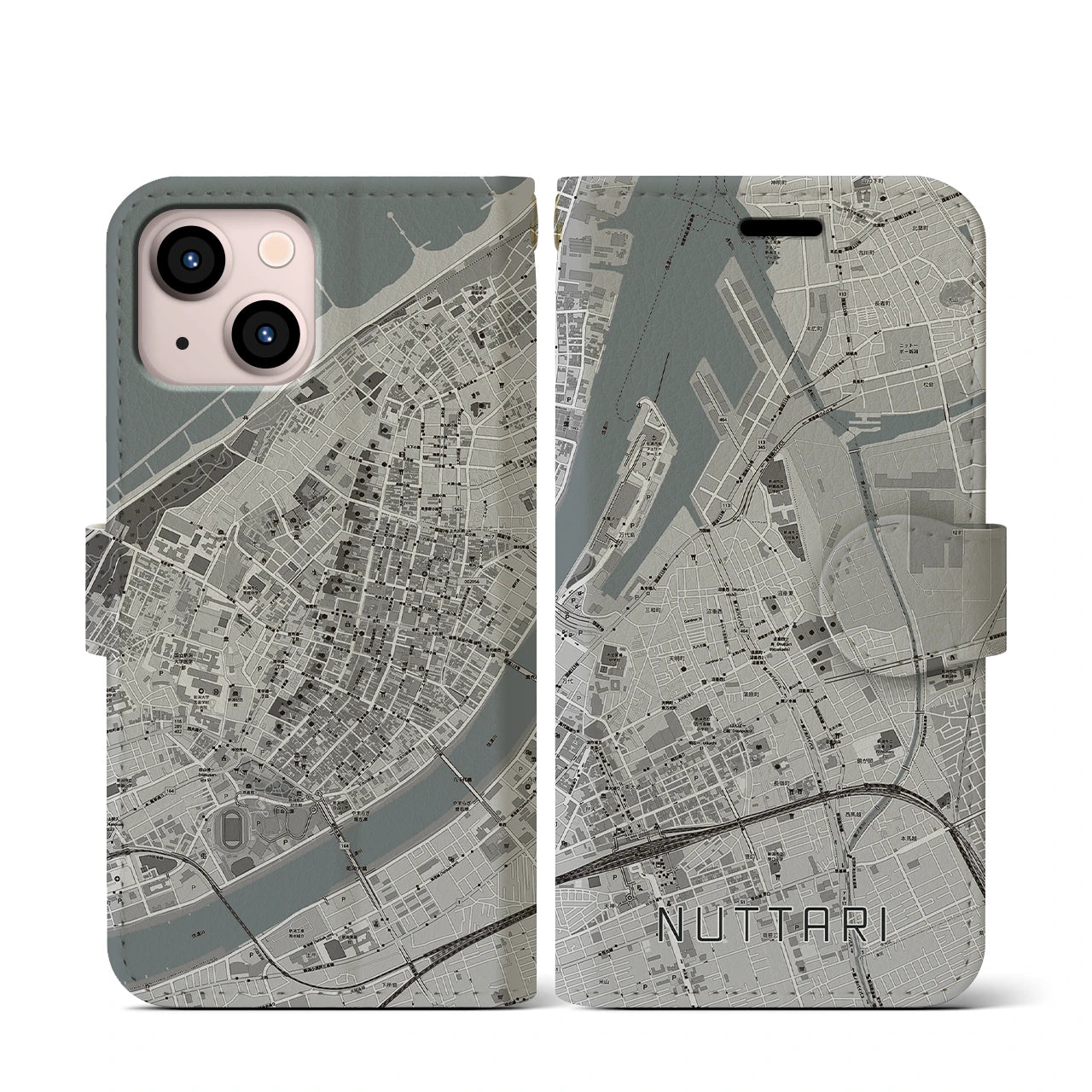 【沼垂(新潟県)】地図柄iPhoneケース(手帳タイプ)モノトーン・iPhone 13 mini 用