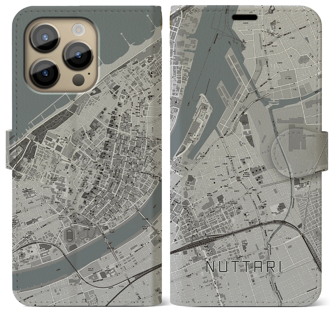 【沼垂(新潟県)】地図柄iPhoneケース(手帳タイプ)モノトーン・iPhone 14 Pro Max 用