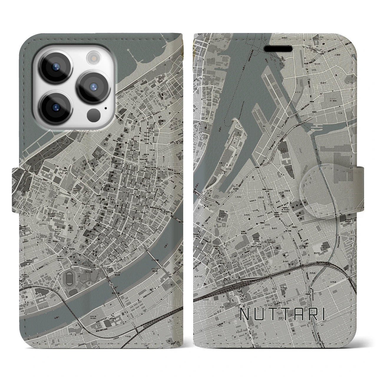 【沼垂(新潟県)】地図柄iPhoneケース(手帳タイプ)モノトーン・iPhone 14 Pro 用