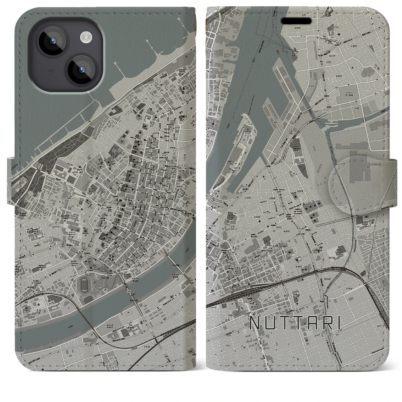 【沼垂(新潟県)】地図柄iPhoneケース(手帳タイプ)モノトーン・iPhone 14 Plus 用