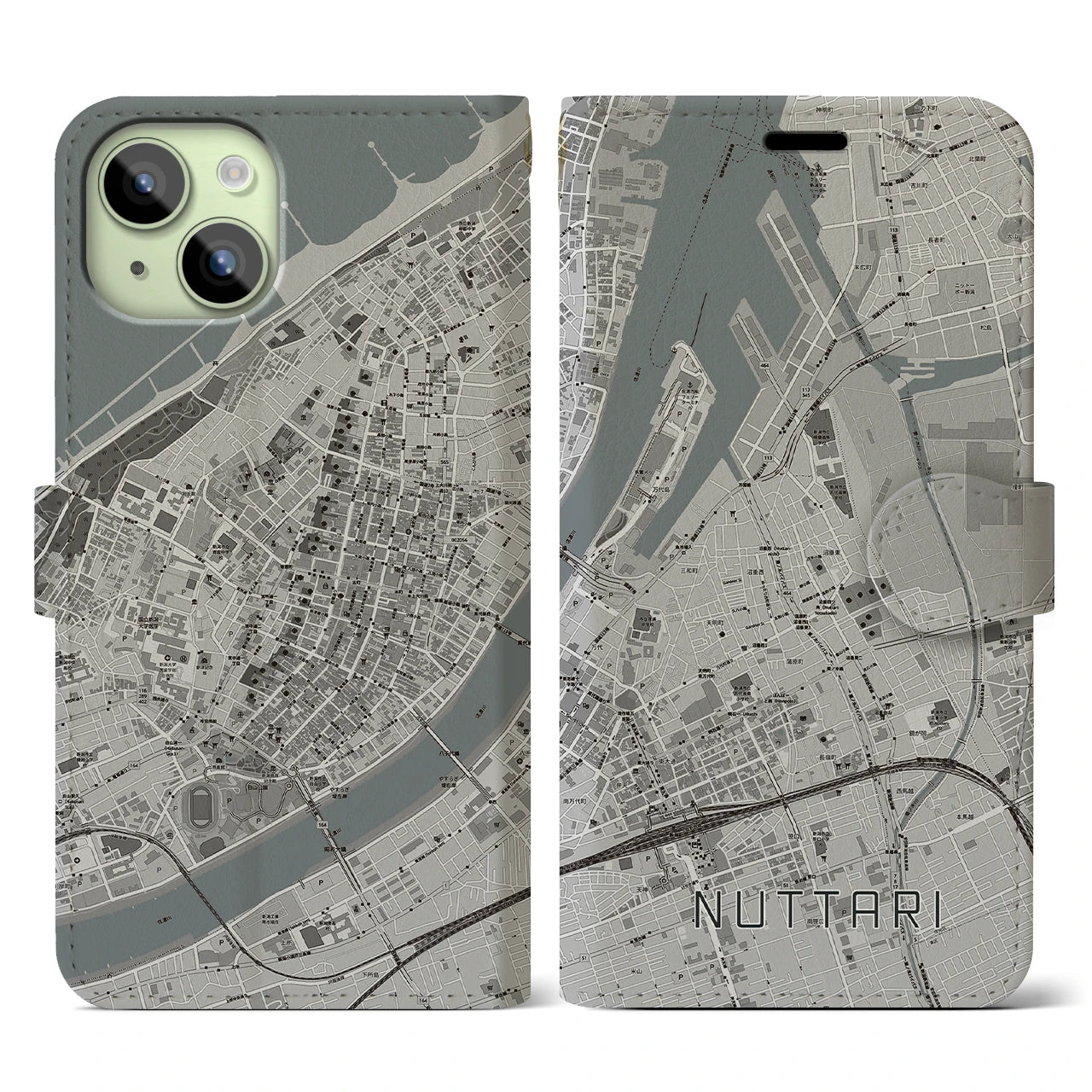 【沼垂(新潟県)】地図柄iPhoneケース(手帳タイプ)モノトーン・iPhone 15 用