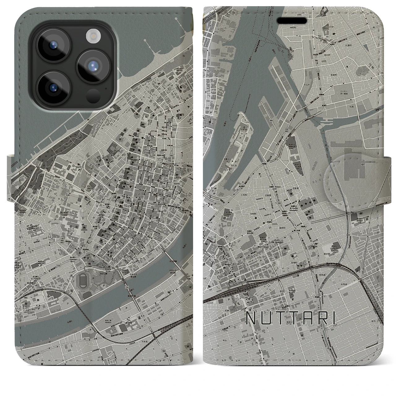 【沼垂(新潟県)】地図柄iPhoneケース(手帳タイプ)モノトーン・iPhone 15 Pro Max 用