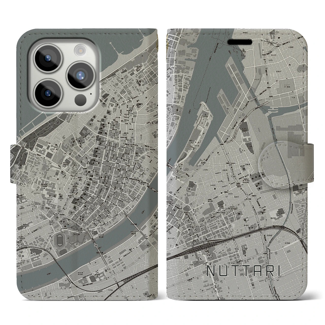 【沼垂(新潟県)】地図柄iPhoneケース(手帳タイプ)モノトーン・iPhone 15 Pro 用