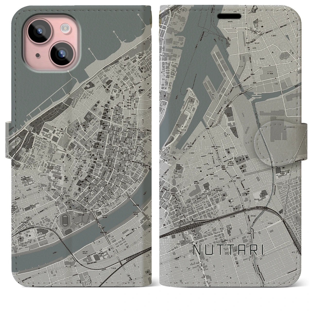 【沼垂(新潟県)】地図柄iPhoneケース(手帳タイプ)モノトーン・iPhone 15 Plus 用