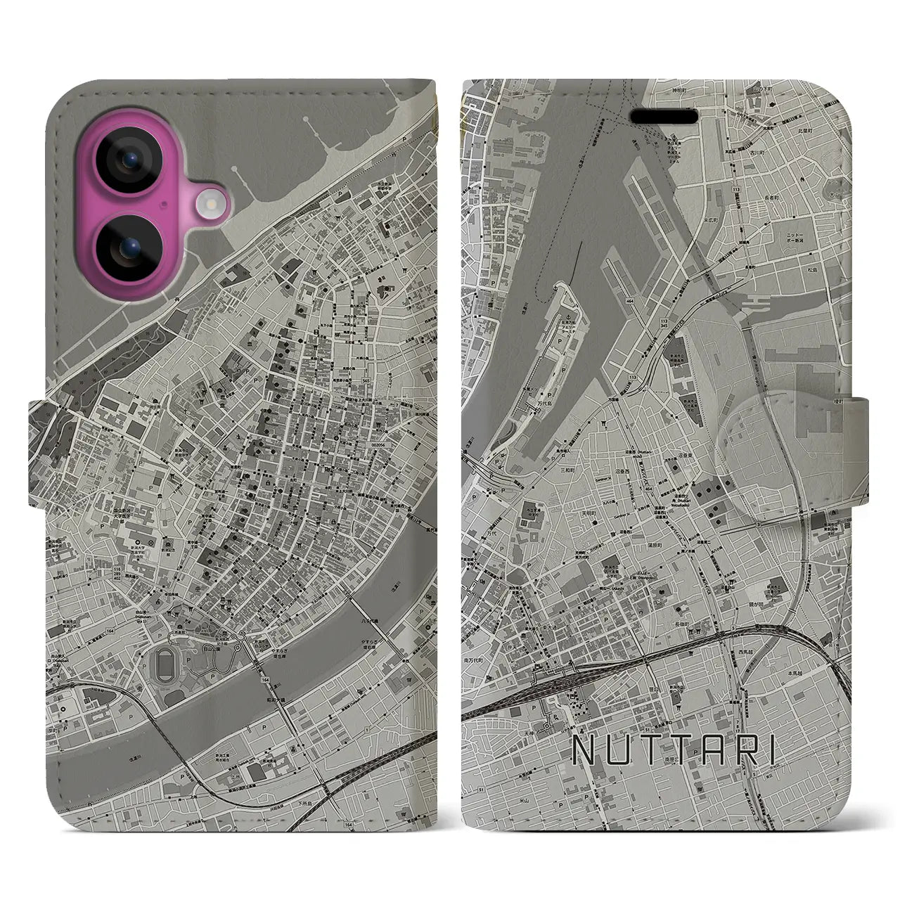 【沼垂(新潟県)】地図柄iPhoneケース(手帳タイプ)モノトーン・iPhone 16 Pro 用