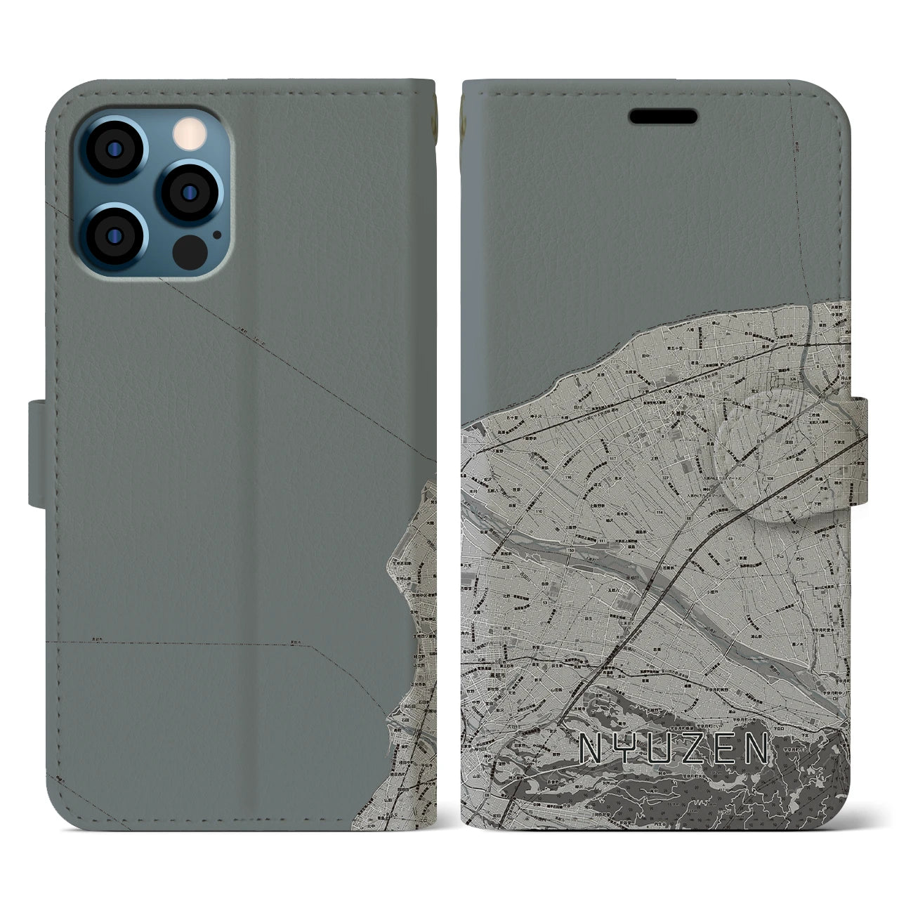 【入善(富山県)】地図柄iPhoneケース(手帳タイプ)モノトーン・iPhone 12 / 12 Pro 用