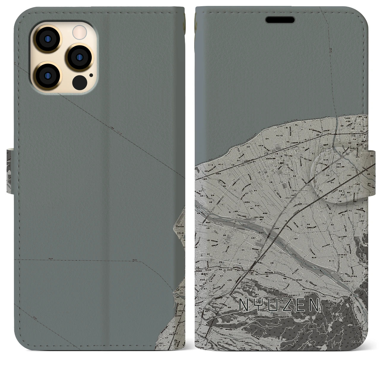 【入善(富山県)】地図柄iPhoneケース(手帳タイプ)モノトーン・iPhone 12 Pro Max 用