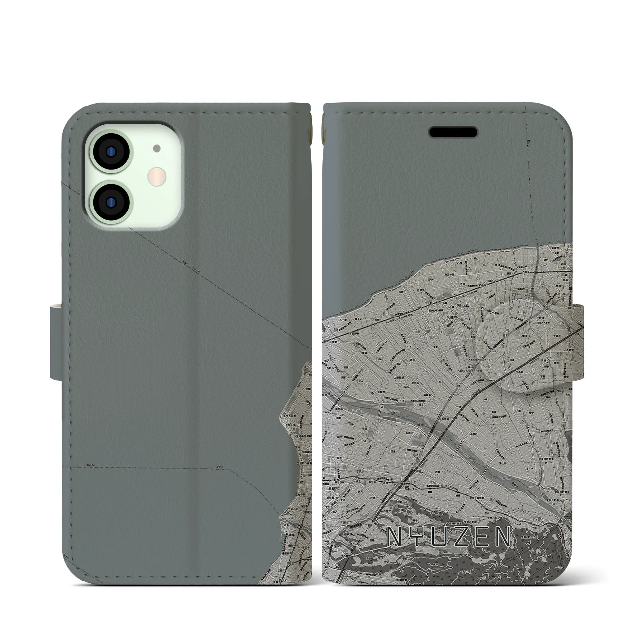 【入善(富山県)】地図柄iPhoneケース(手帳タイプ)モノトーン・iPhone 12 mini 用