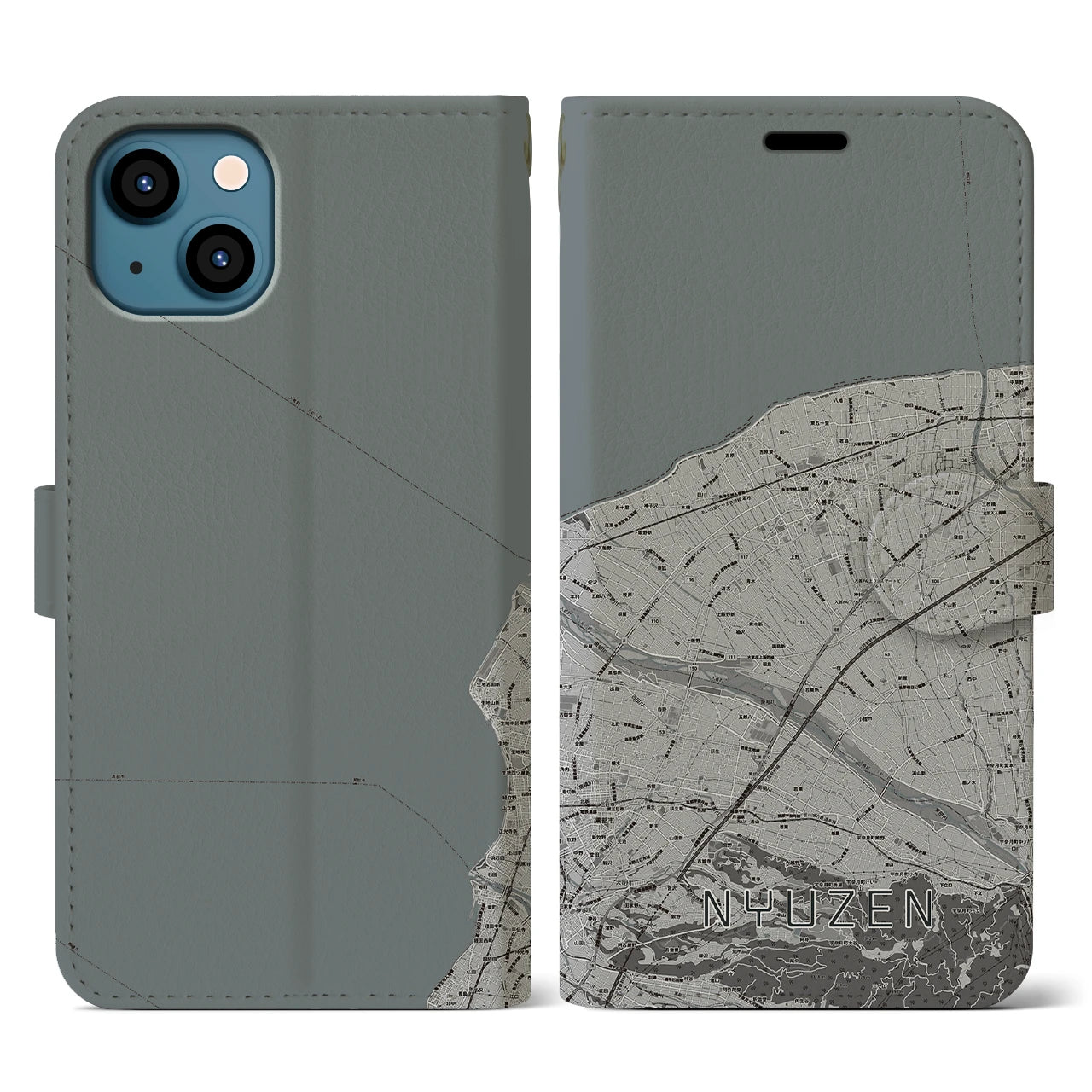 【入善(富山県)】地図柄iPhoneケース(手帳タイプ)モノトーン・iPhone 13 用