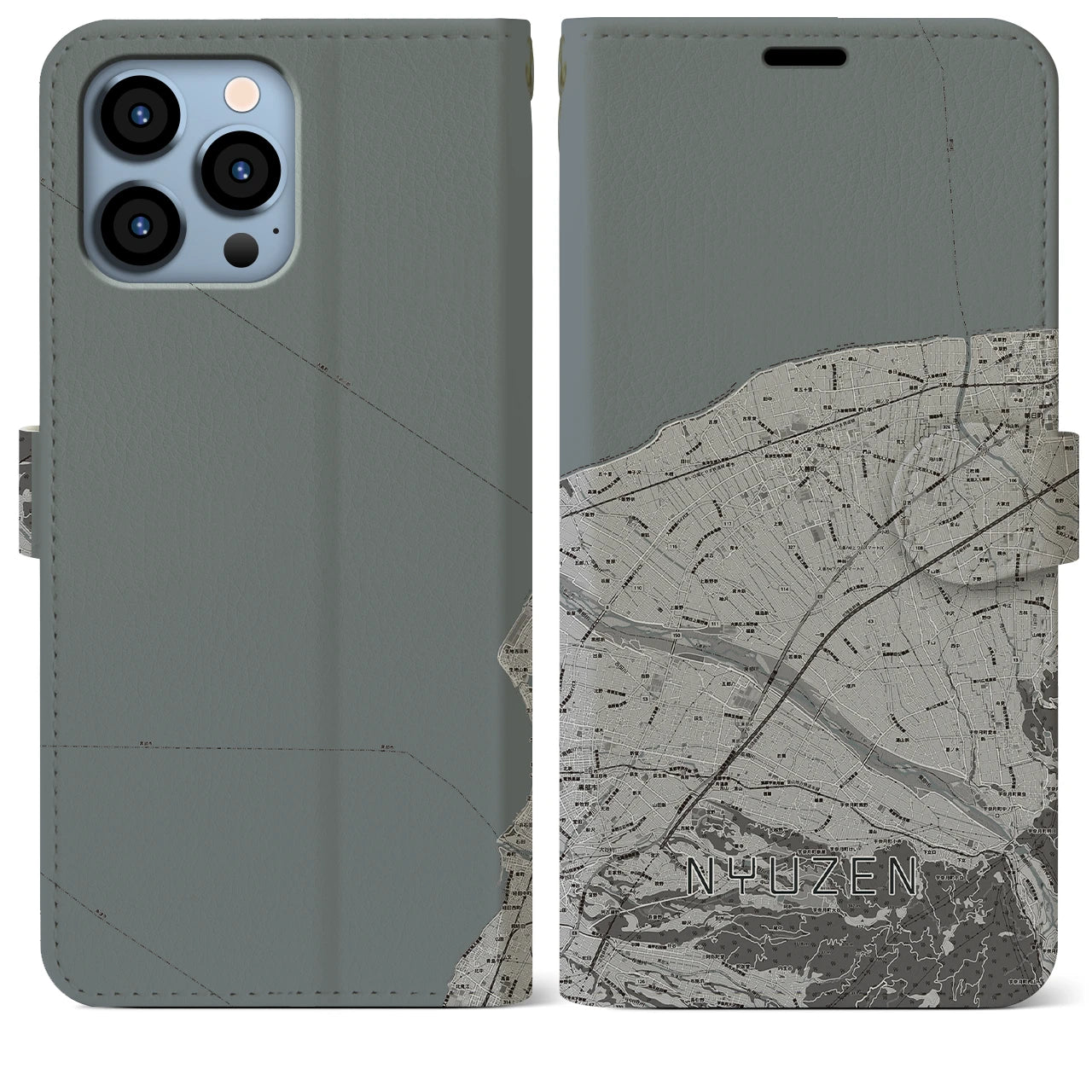 【入善(富山県)】地図柄iPhoneケース(手帳タイプ)モノトーン・iPhone 13 Pro Max 用