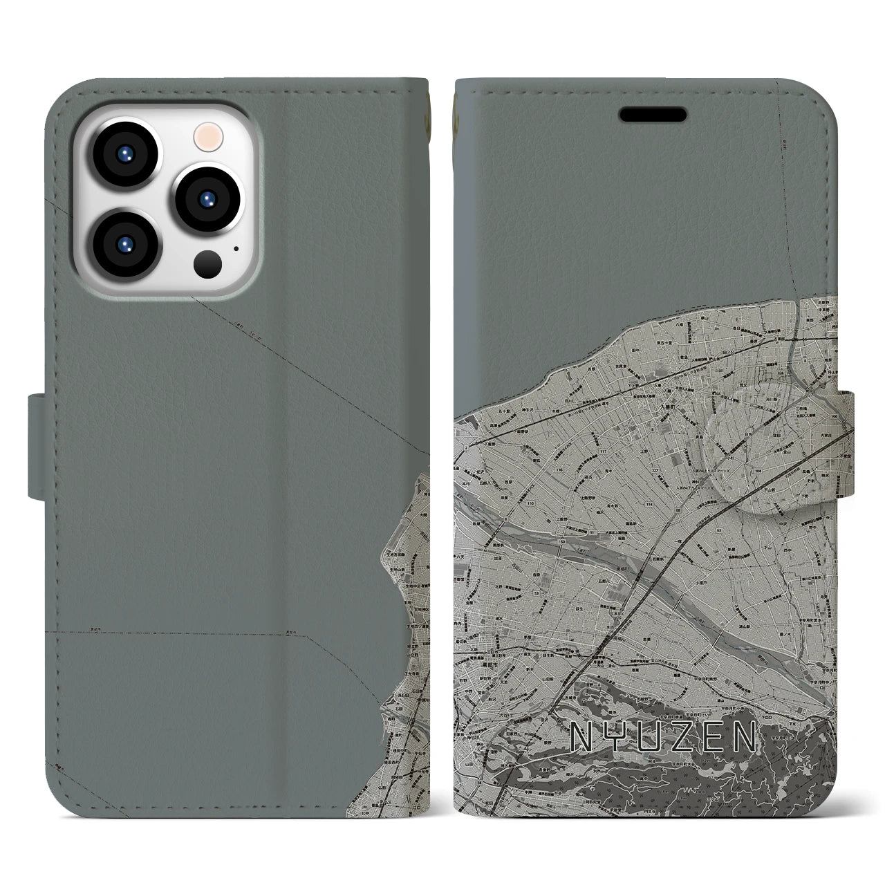 【入善(富山県)】地図柄iPhoneケース(手帳タイプ)モノトーン・iPhone 13 Pro 用