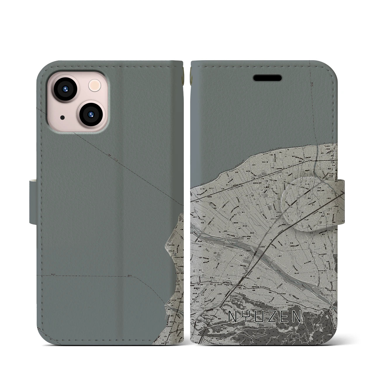 【入善(富山県)】地図柄iPhoneケース(手帳タイプ)モノトーン・iPhone 13 mini 用