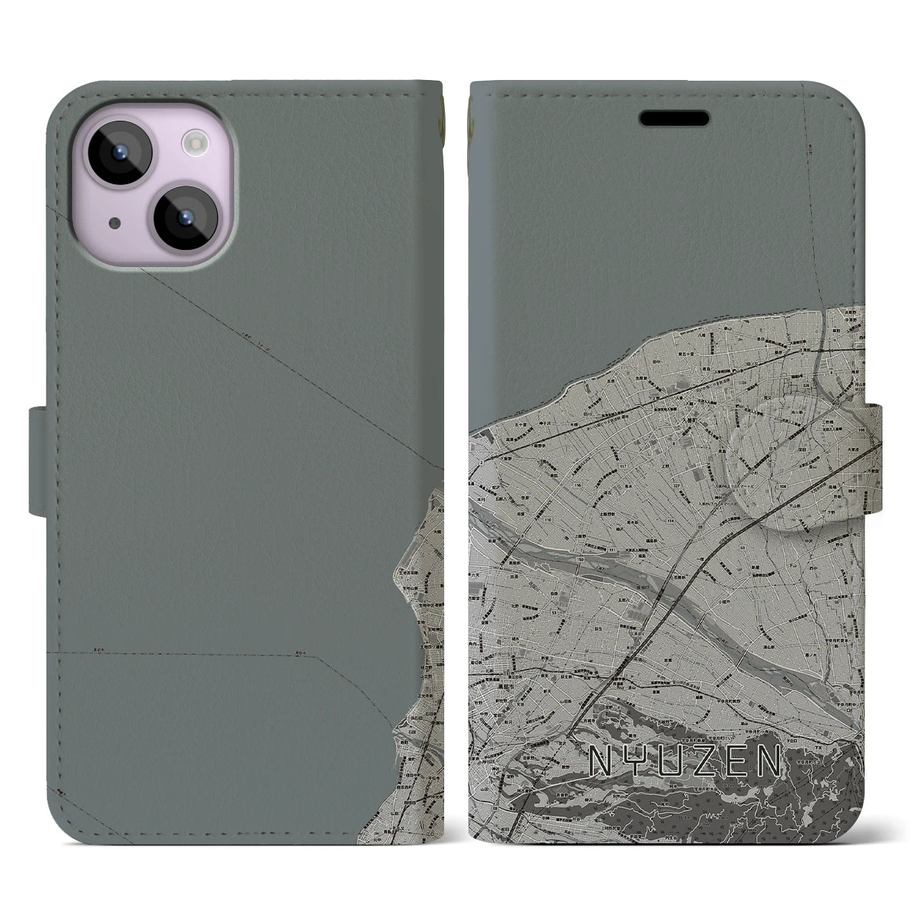 【入善(富山県)】地図柄iPhoneケース(手帳タイプ)モノトーン・iPhone 14 用