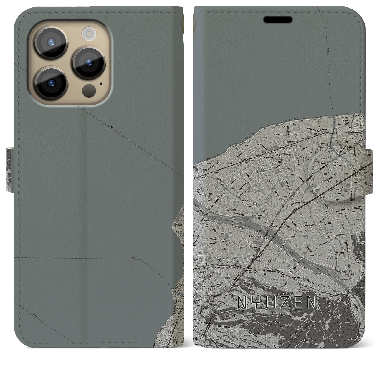 【入善(富山県)】地図柄iPhoneケース(手帳タイプ)モノトーン・iPhone 14 Pro Max 用