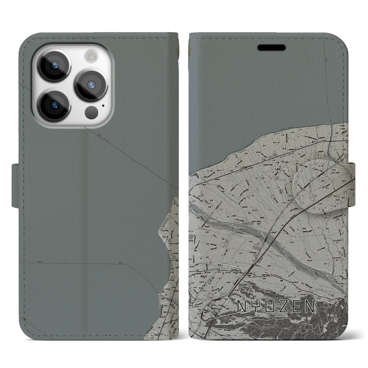 【入善(富山県)】地図柄iPhoneケース(手帳タイプ)モノトーン・iPhone 14 Pro 用