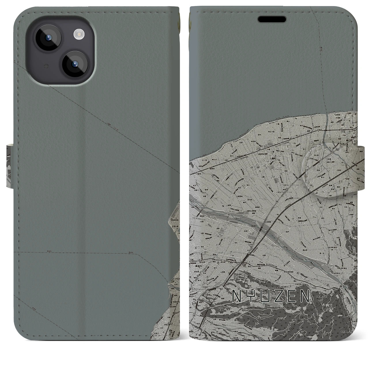 【入善(富山県)】地図柄iPhoneケース(手帳タイプ)モノトーン・iPhone 14 Plus 用