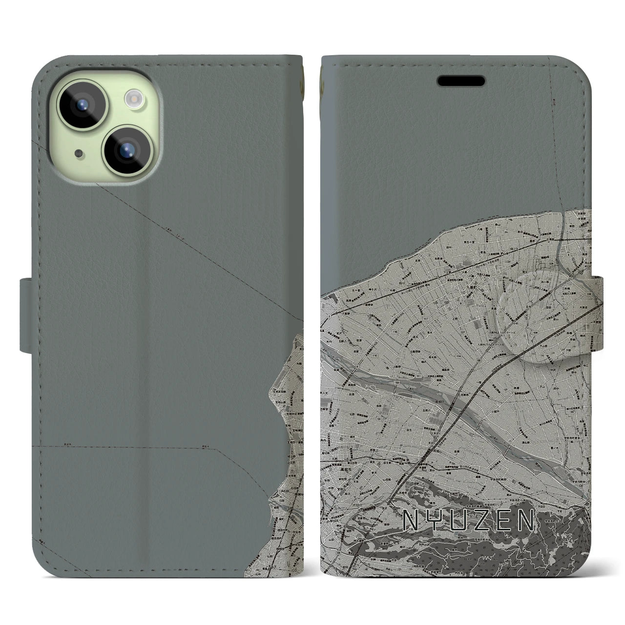 【入善(富山県)】地図柄iPhoneケース(手帳タイプ)モノトーン・iPhone 15 用