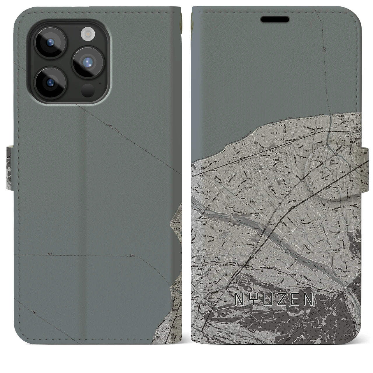 【入善(富山県)】地図柄iPhoneケース(手帳タイプ)モノトーン・iPhone 15 Pro Max 用