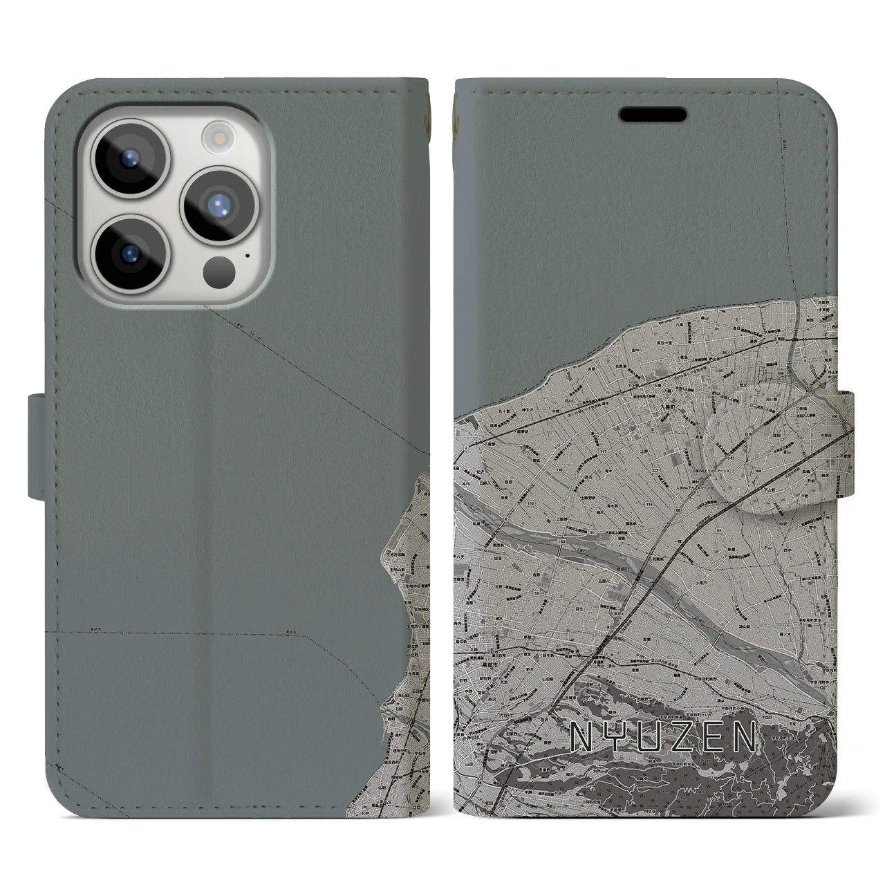 【入善(富山県)】地図柄iPhoneケース(手帳タイプ)モノトーン・iPhone 15 Pro 用