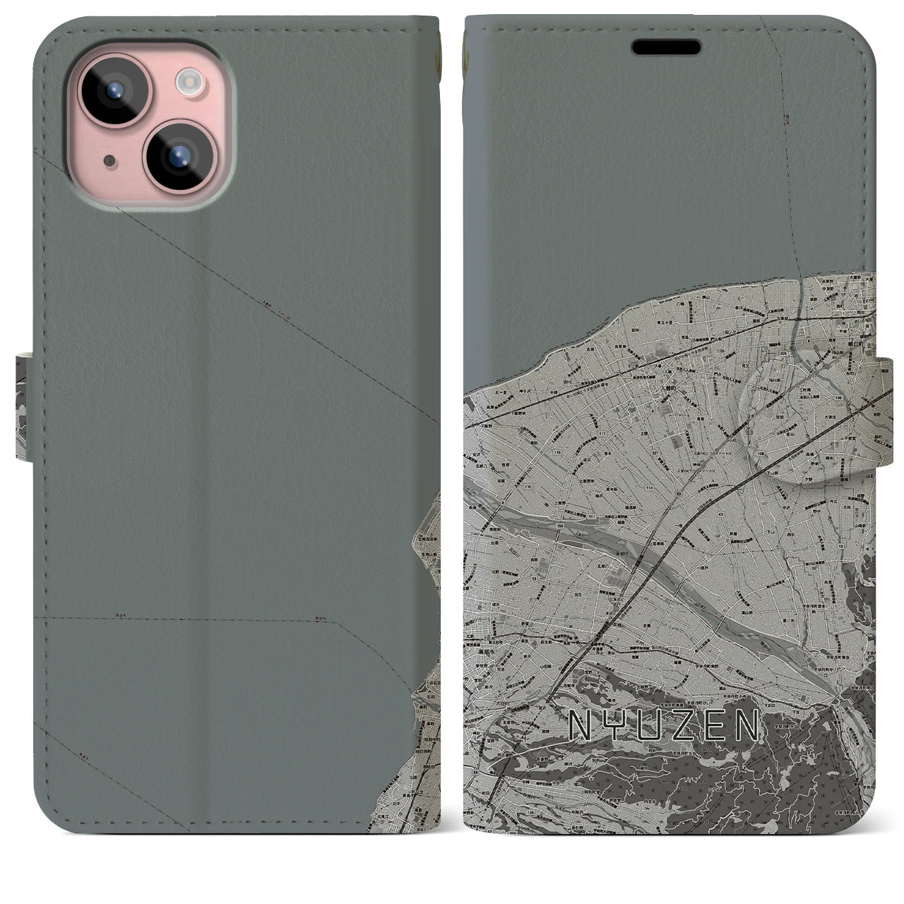 【入善(富山県)】地図柄iPhoneケース(手帳タイプ)モノトーン・iPhone 15 Plus 用