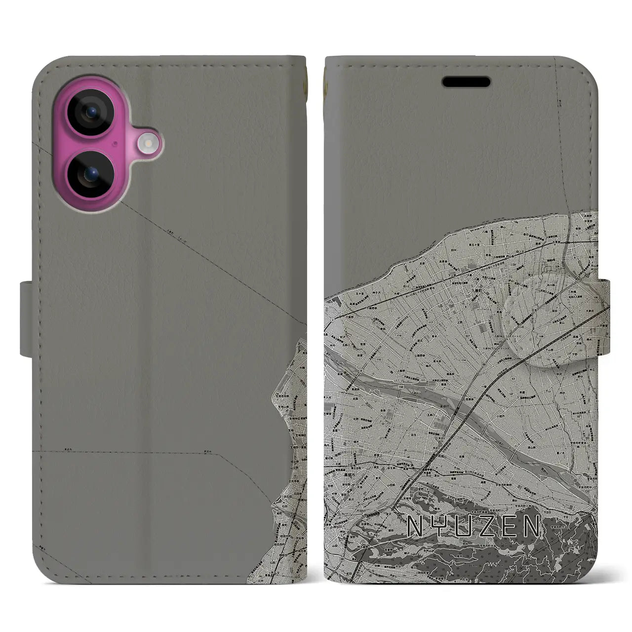 【入善(富山県)】地図柄iPhoneケース(手帳タイプ)モノトーン・iPhone 16 Pro 用