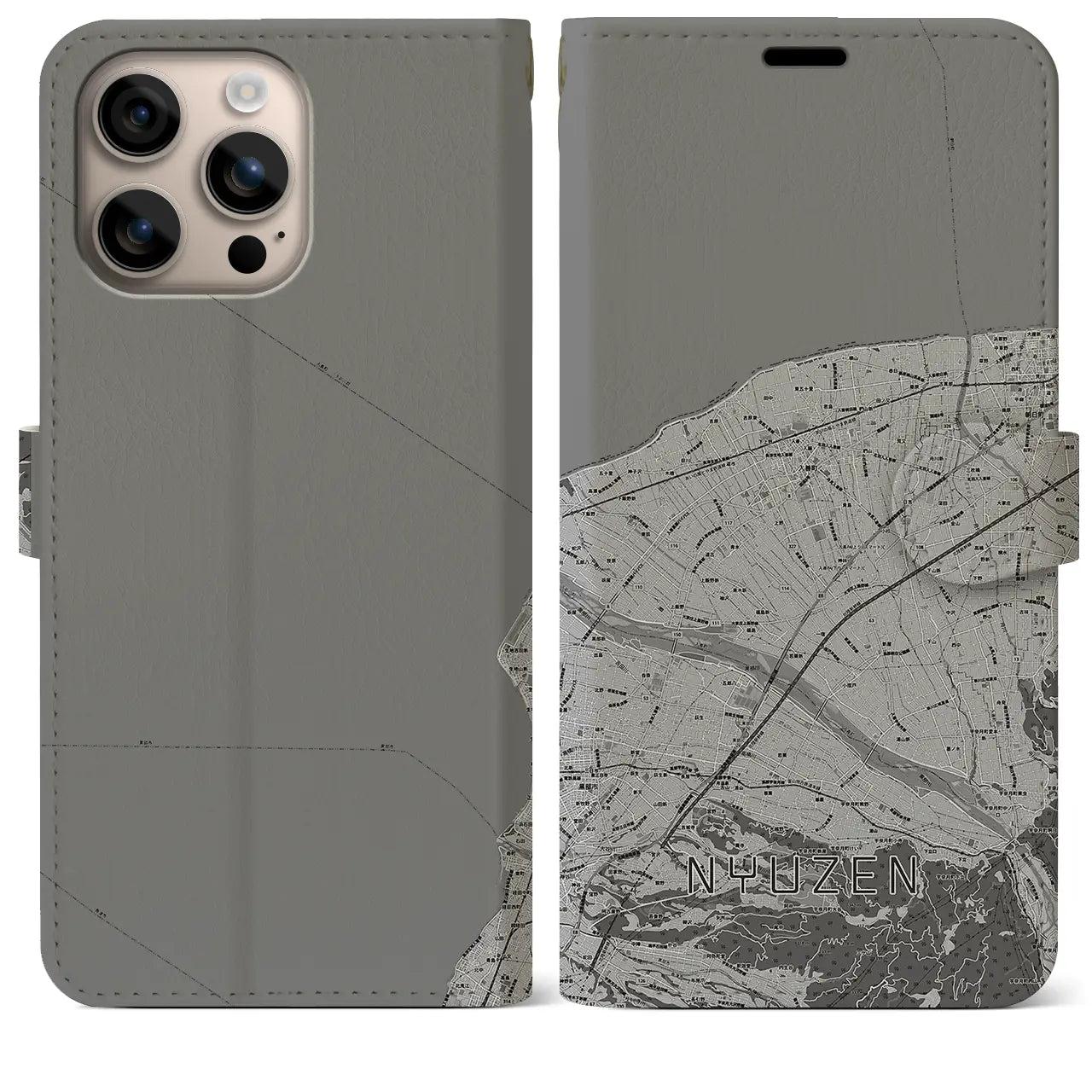 【入善(富山県)】地図柄iPhoneケース(手帳タイプ)モノトーン・iPhone 16 Plus 用