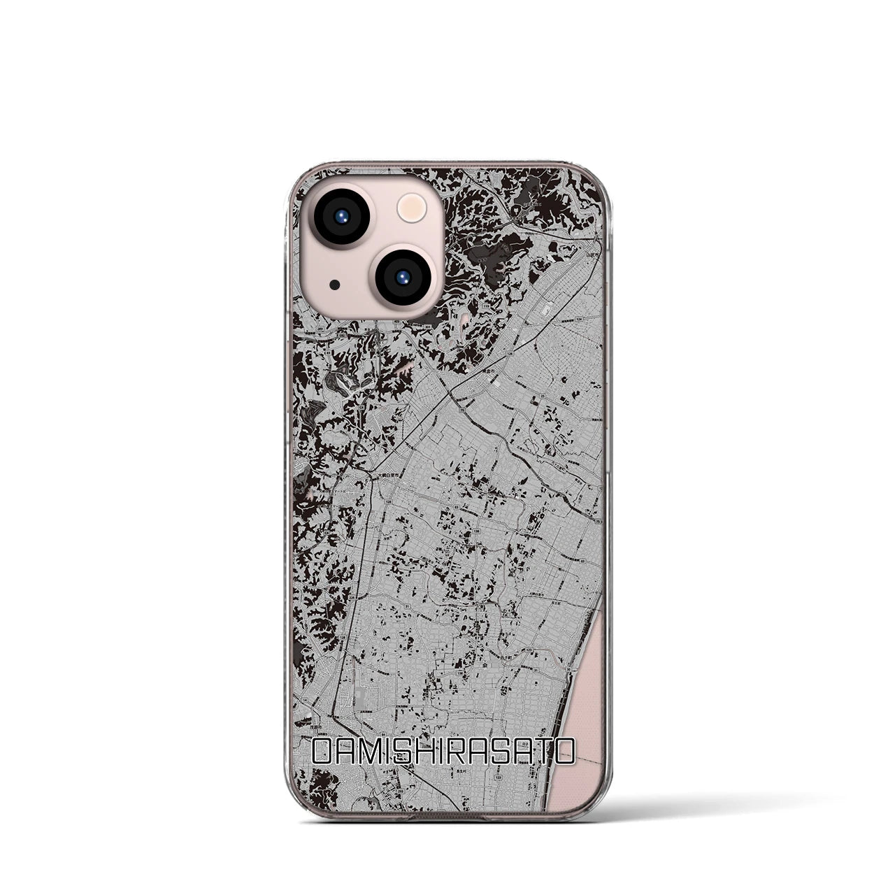 【大網白里(千葉県)】地図柄iPhoneケース(クリアタイプ)モノトーン・iPhone 13 mini 用