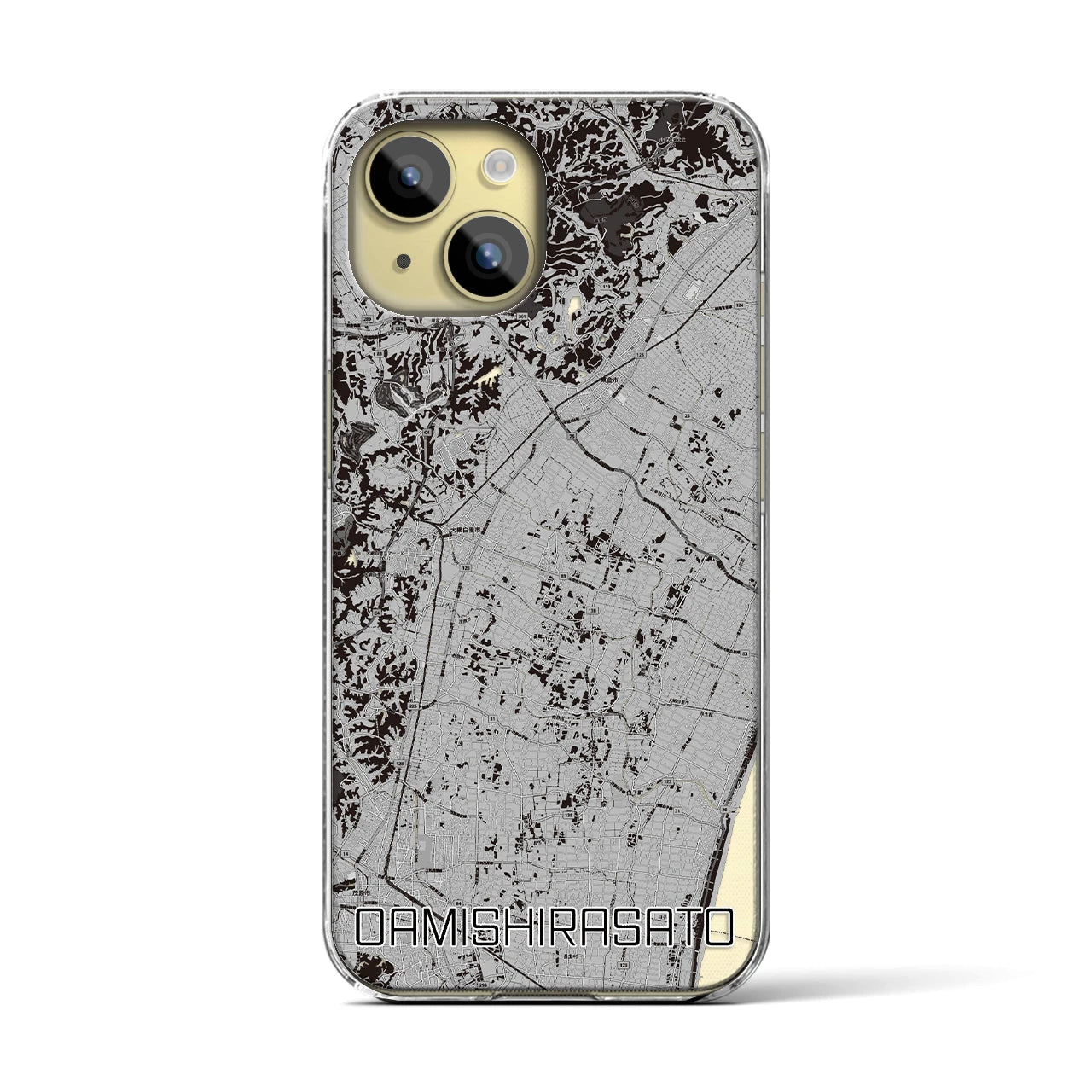 【大網白里(千葉県)】地図柄iPhoneケース(クリアタイプ)モノトーン・iPhone 15 用