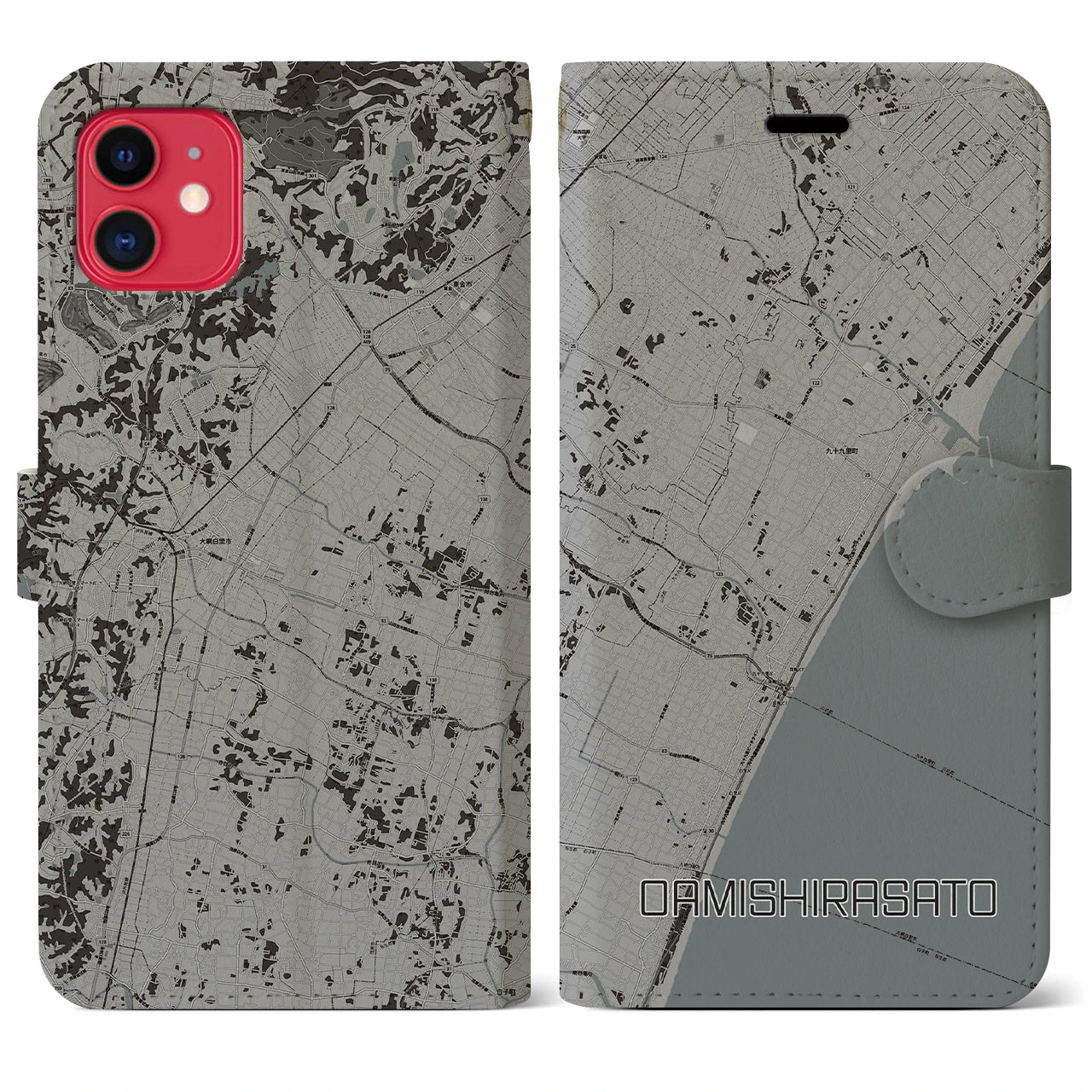 【大網白里(千葉県)】地図柄iPhoneケース(手帳タイプ)モノトーン・iPhone 11 用
