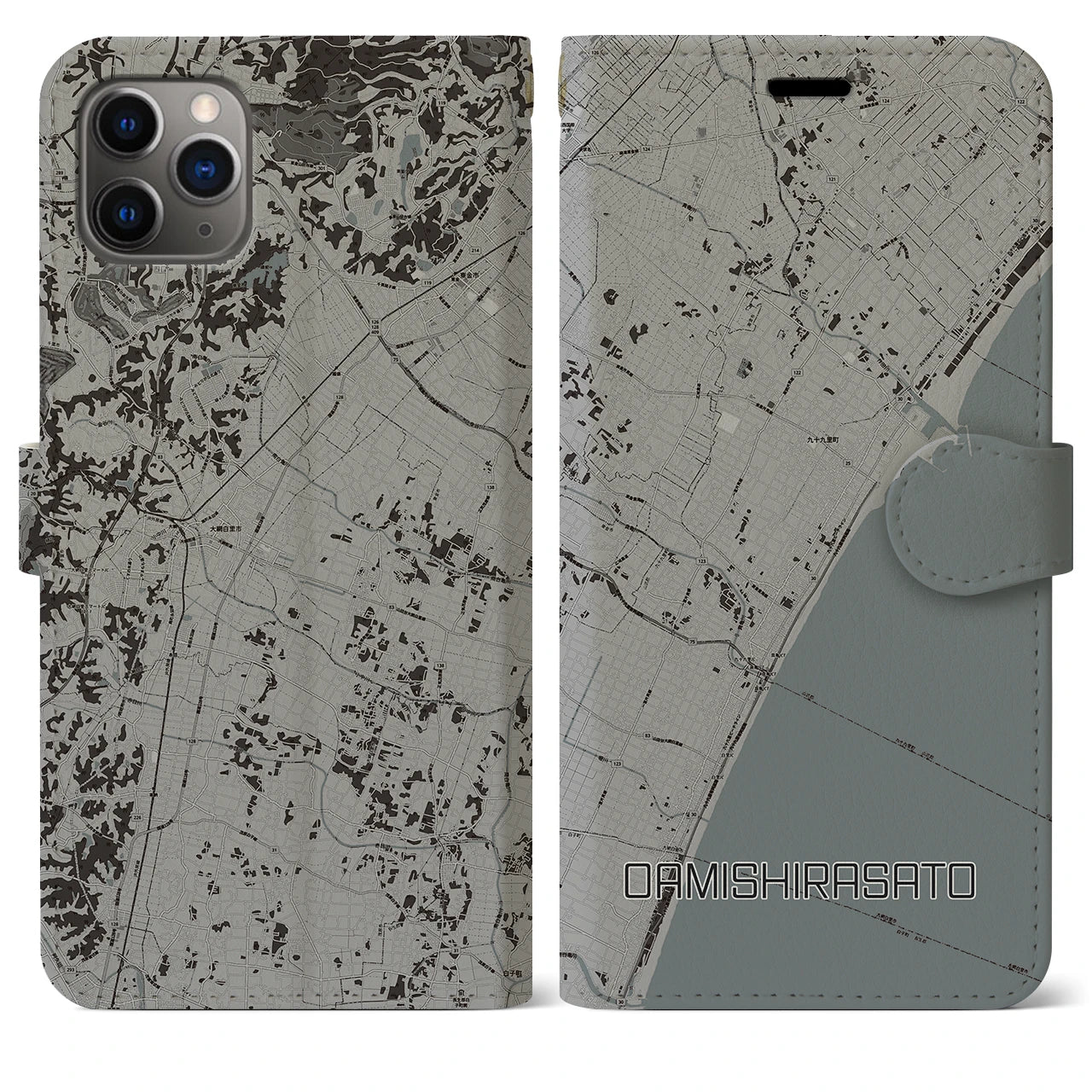 【大網白里(千葉県)】地図柄iPhoneケース(手帳タイプ)モノトーン・iPhone 11 Pro Max 用