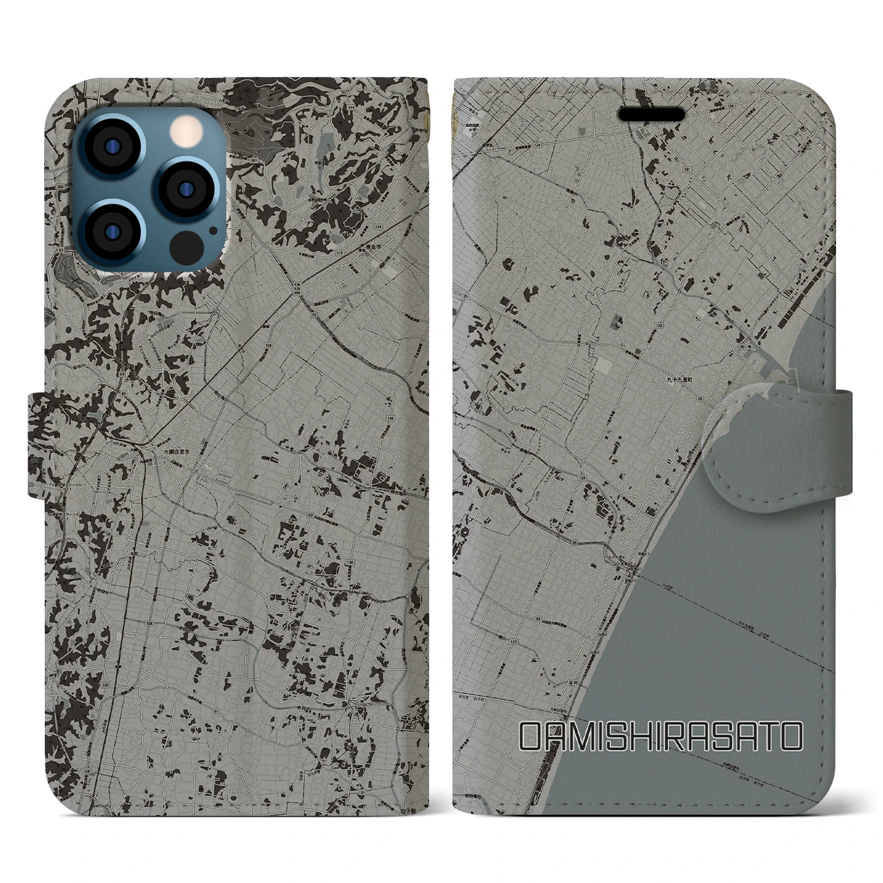 【大網白里(千葉県)】地図柄iPhoneケース(手帳タイプ)モノトーン・iPhone 12 / 12 Pro 用