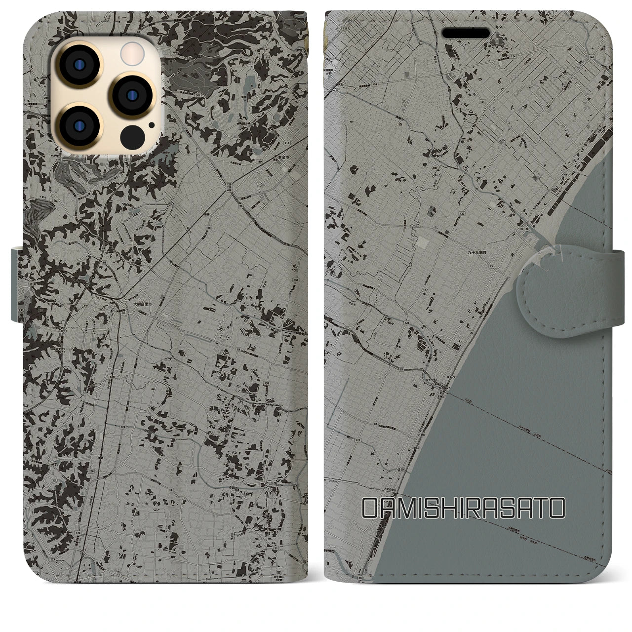 【大網白里(千葉県)】地図柄iPhoneケース(手帳タイプ)モノトーン・iPhone 12 Pro Max 用