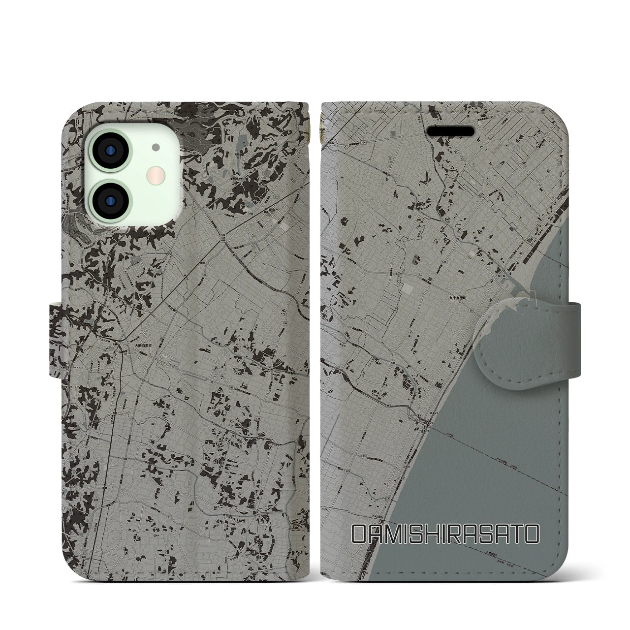 【大網白里(千葉県)】地図柄iPhoneケース(手帳タイプ)モノトーン・iPhone 12 mini 用