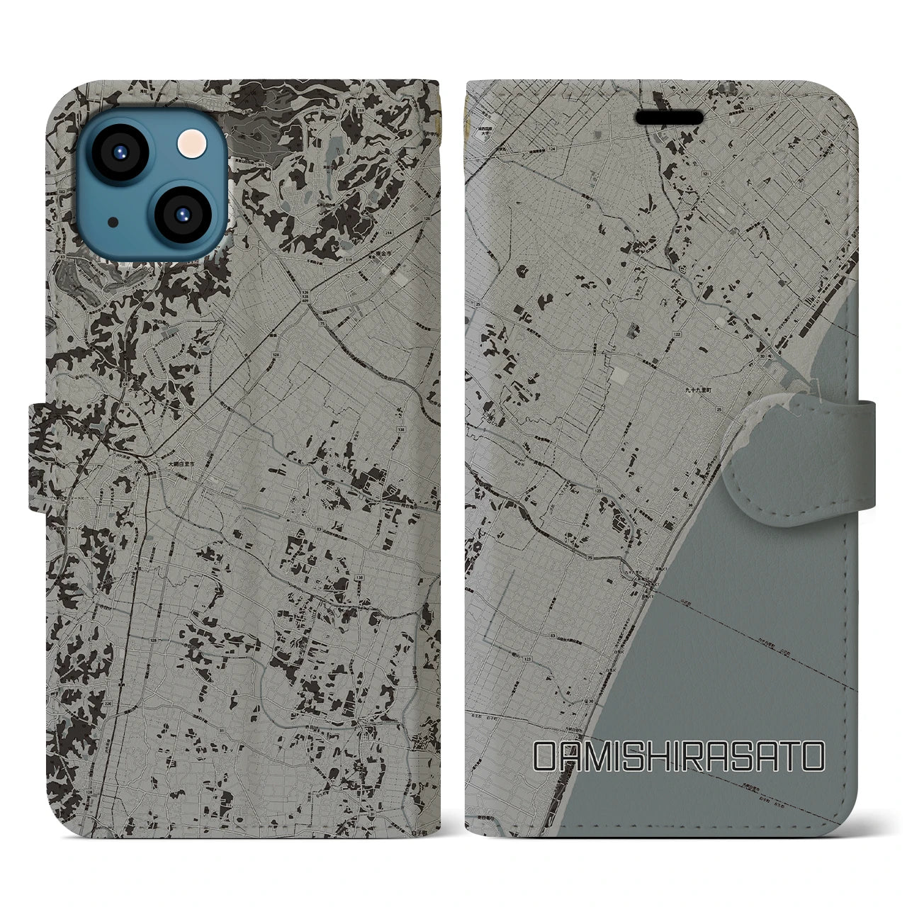 【大網白里(千葉県)】地図柄iPhoneケース(手帳タイプ)モノトーン・iPhone 13 用