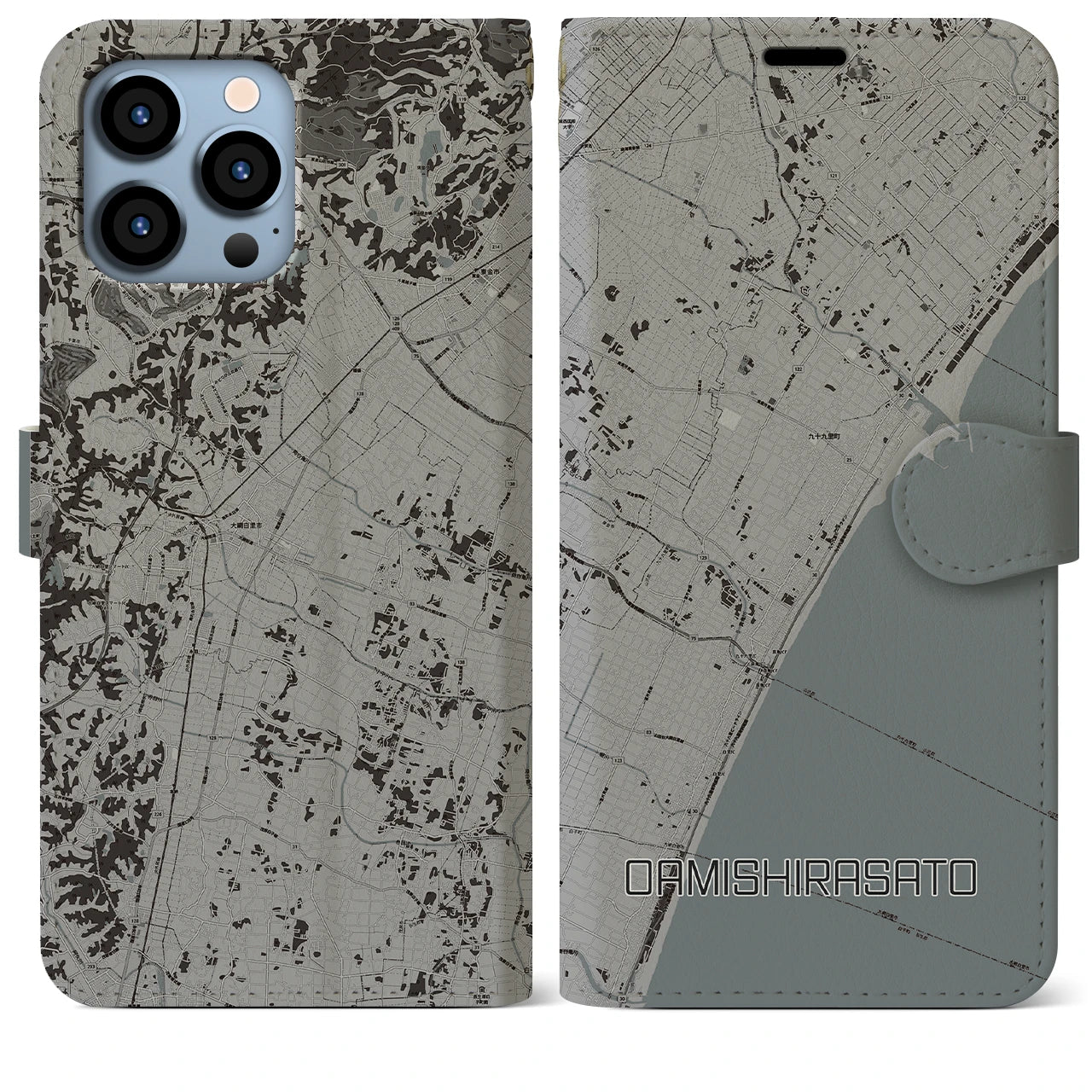 【大網白里(千葉県)】地図柄iPhoneケース(手帳タイプ)モノトーン・iPhone 13 Pro Max 用