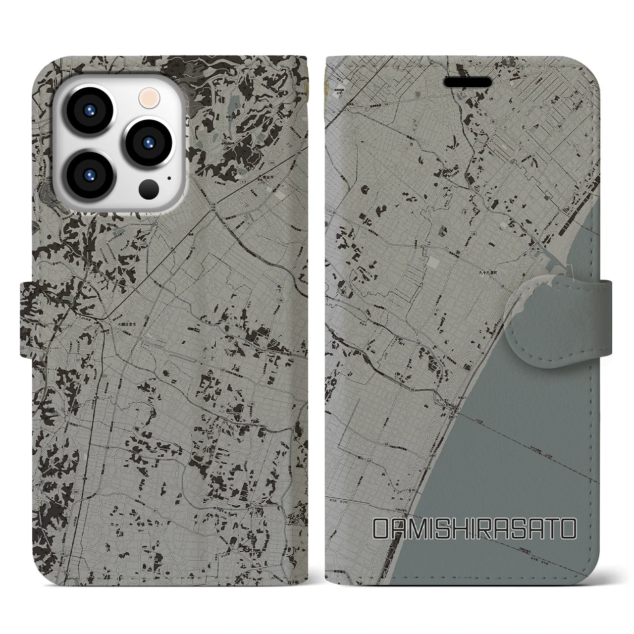 【大網白里(千葉県)】地図柄iPhoneケース(手帳タイプ)モノトーン・iPhone 13 Pro 用