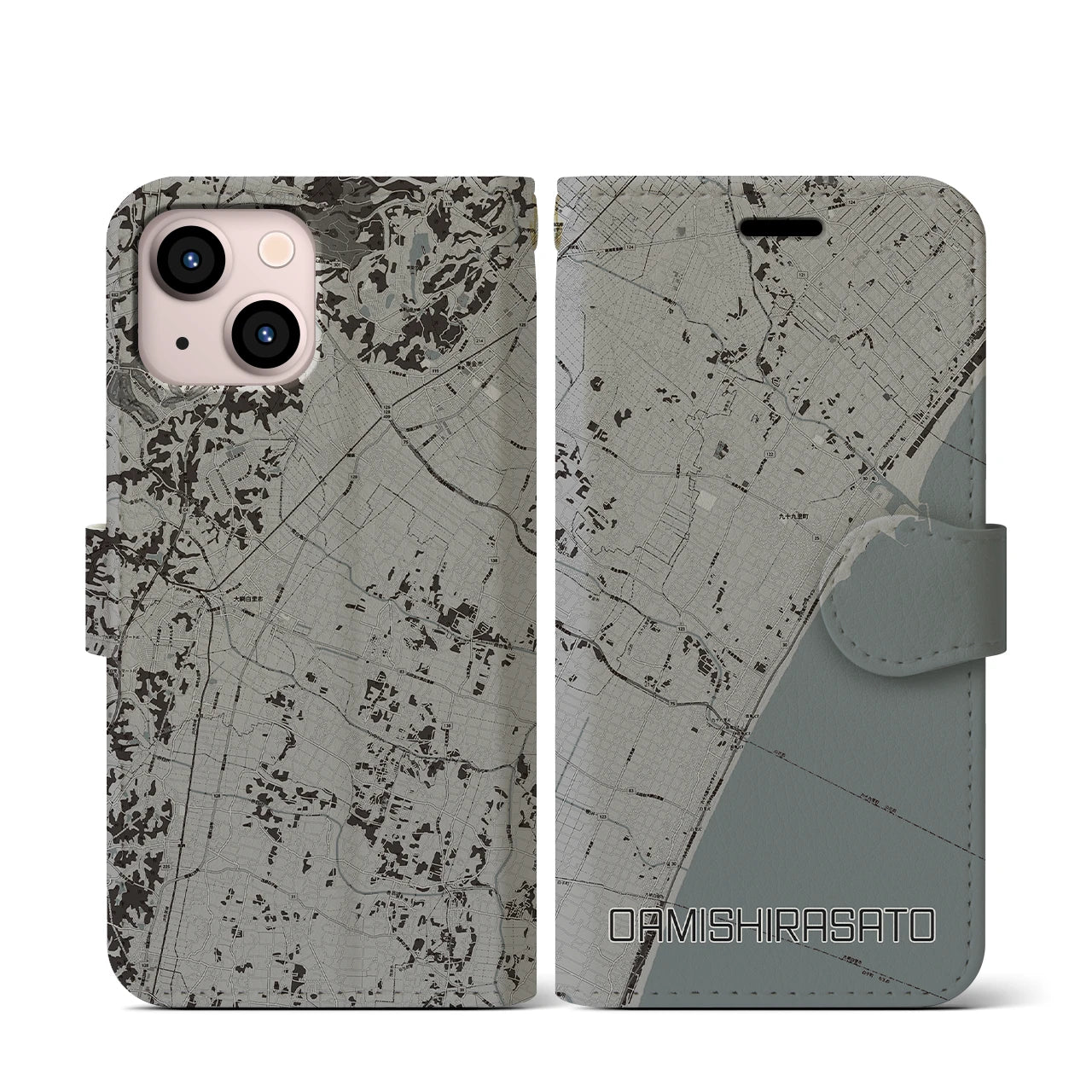 【大網白里(千葉県)】地図柄iPhoneケース(手帳タイプ)モノトーン・iPhone 13 mini 用