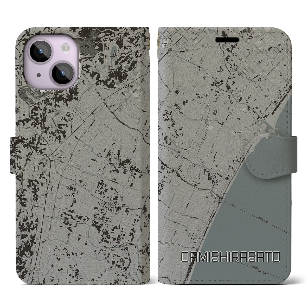 【大網白里(千葉県)】地図柄iPhoneケース(手帳タイプ)モノトーン・iPhone 14 用