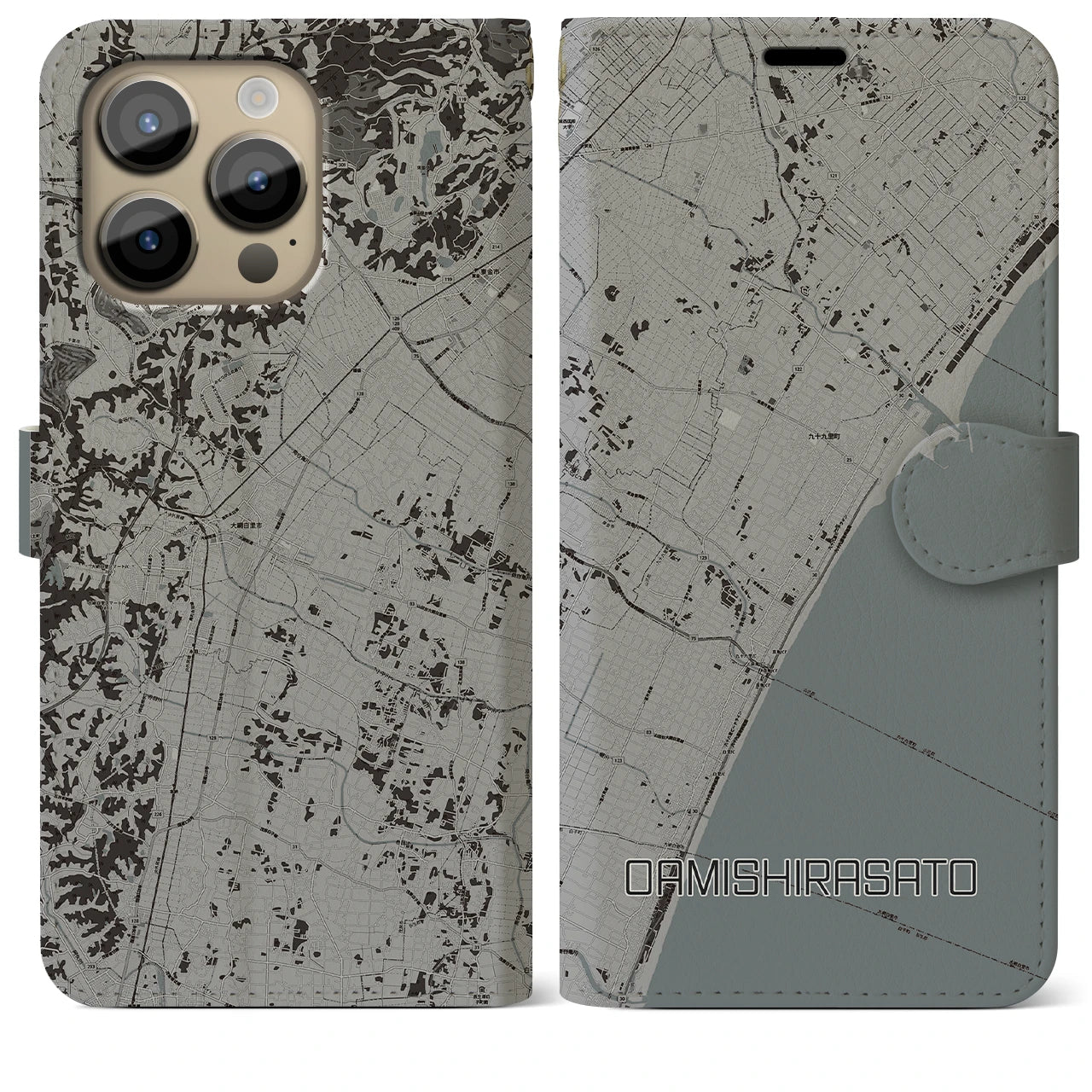 【大網白里(千葉県)】地図柄iPhoneケース(手帳タイプ)モノトーン・iPhone 14 Pro Max 用