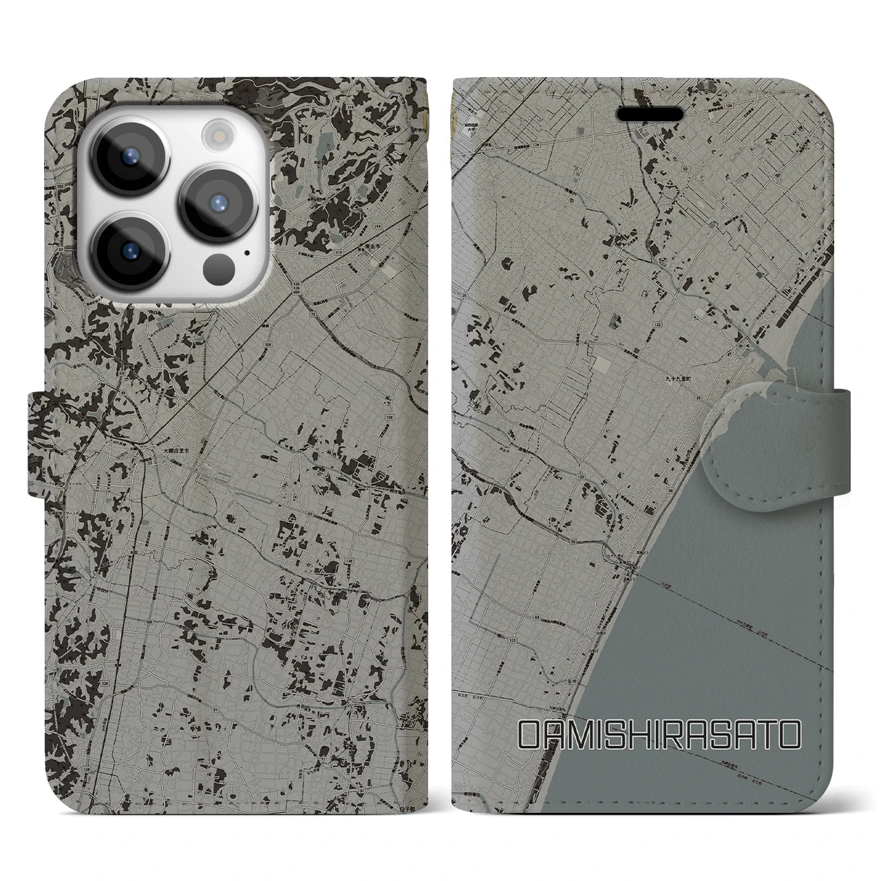 【大網白里(千葉県)】地図柄iPhoneケース(手帳タイプ)モノトーン・iPhone 14 Pro 用