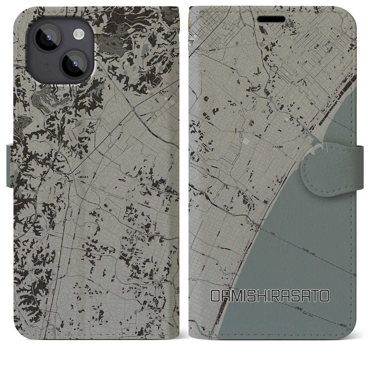 【大網白里(千葉県)】地図柄iPhoneケース(手帳タイプ)モノトーン・iPhone 14 Plus 用