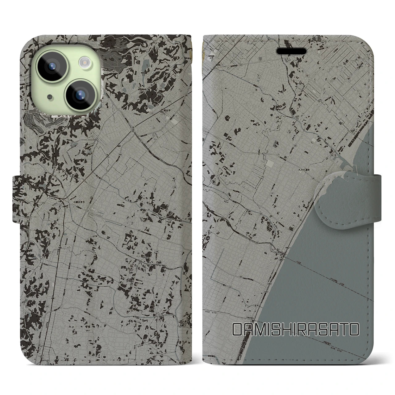 【大網白里(千葉県)】地図柄iPhoneケース(手帳タイプ)モノトーン・iPhone 15 用