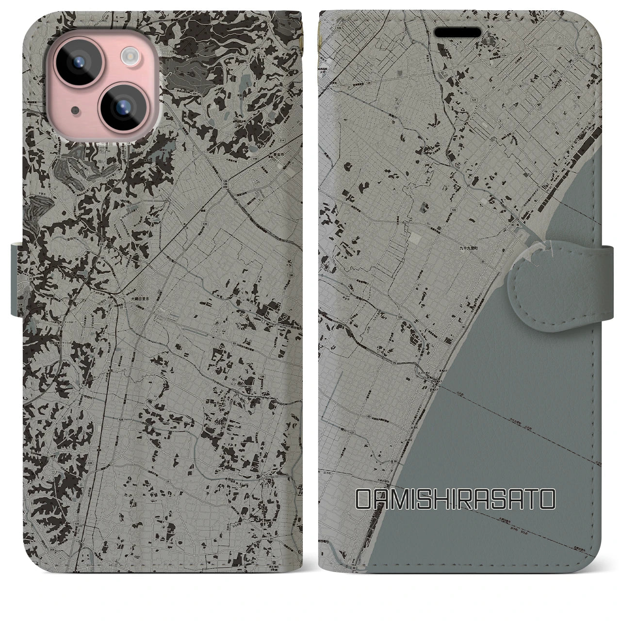 【大網白里(千葉県)】地図柄iPhoneケース(手帳タイプ)モノトーン・iPhone 15 Plus 用